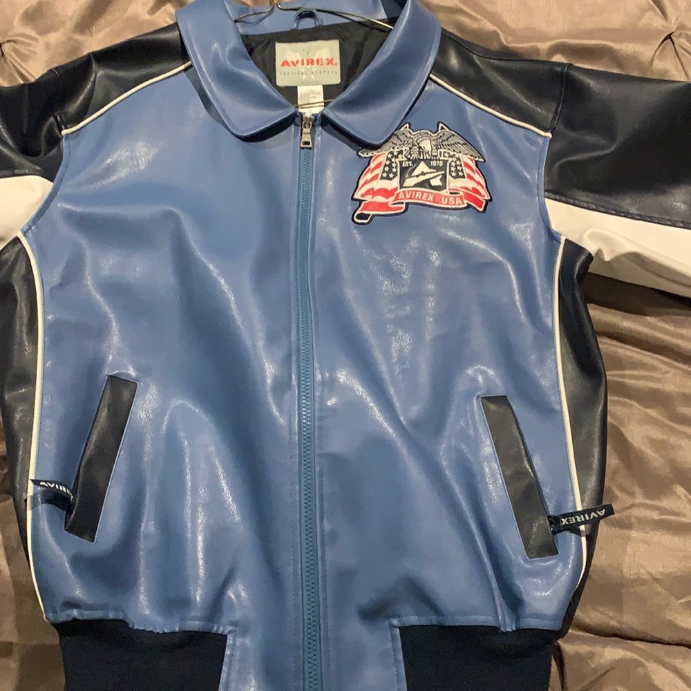 Avirex Faux Leather Jacket Blue and Baltic Blue with White